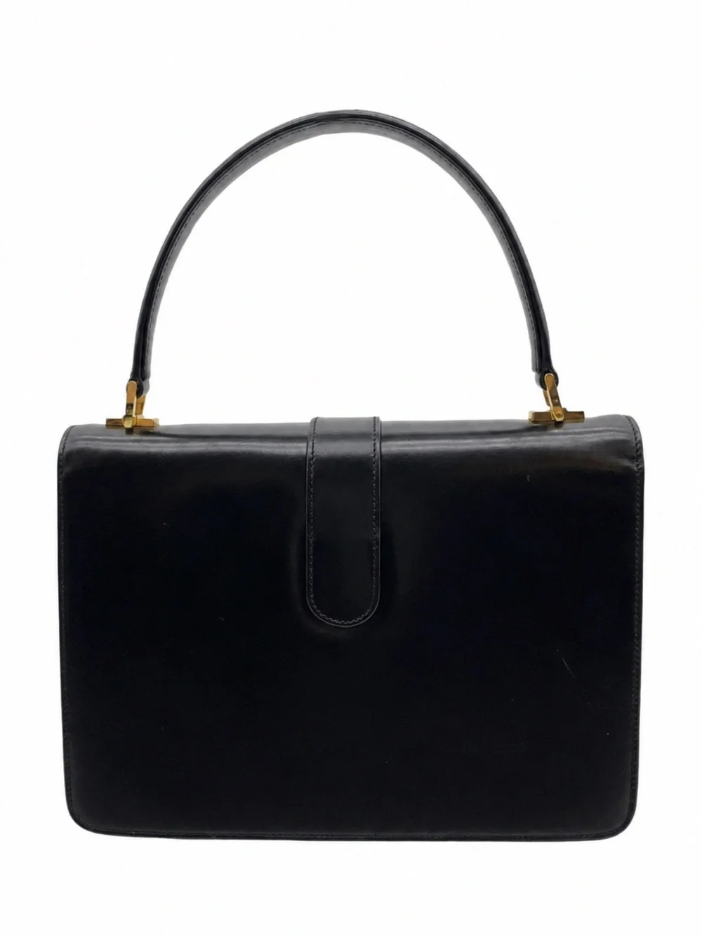 Vintage Gucci Black Leather Structured Top Handle Handbag GG Clasp